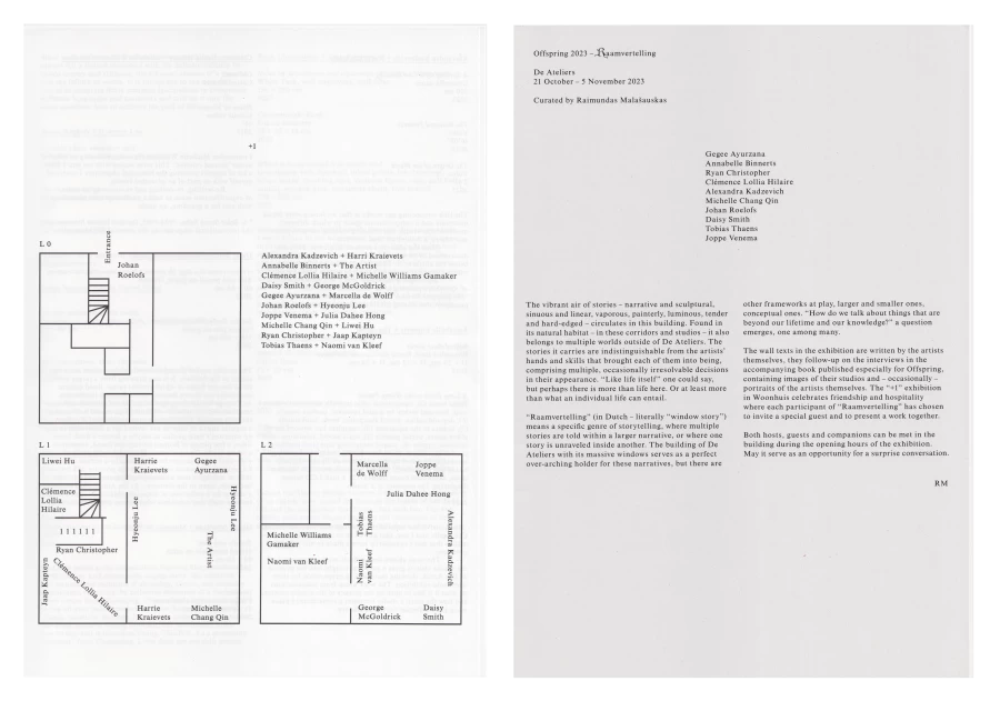 Offspring 2023: *Raamvertelling* (floor plan and handout), De Ateliers, Amsterdam, curated by Raimundas Malašauskas, Autumn 2023
